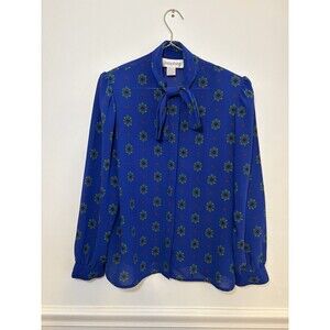 VTG 80s Josephine Royal Blue Medallion Fixed Pussycat Bow Blouse Tie Neck M